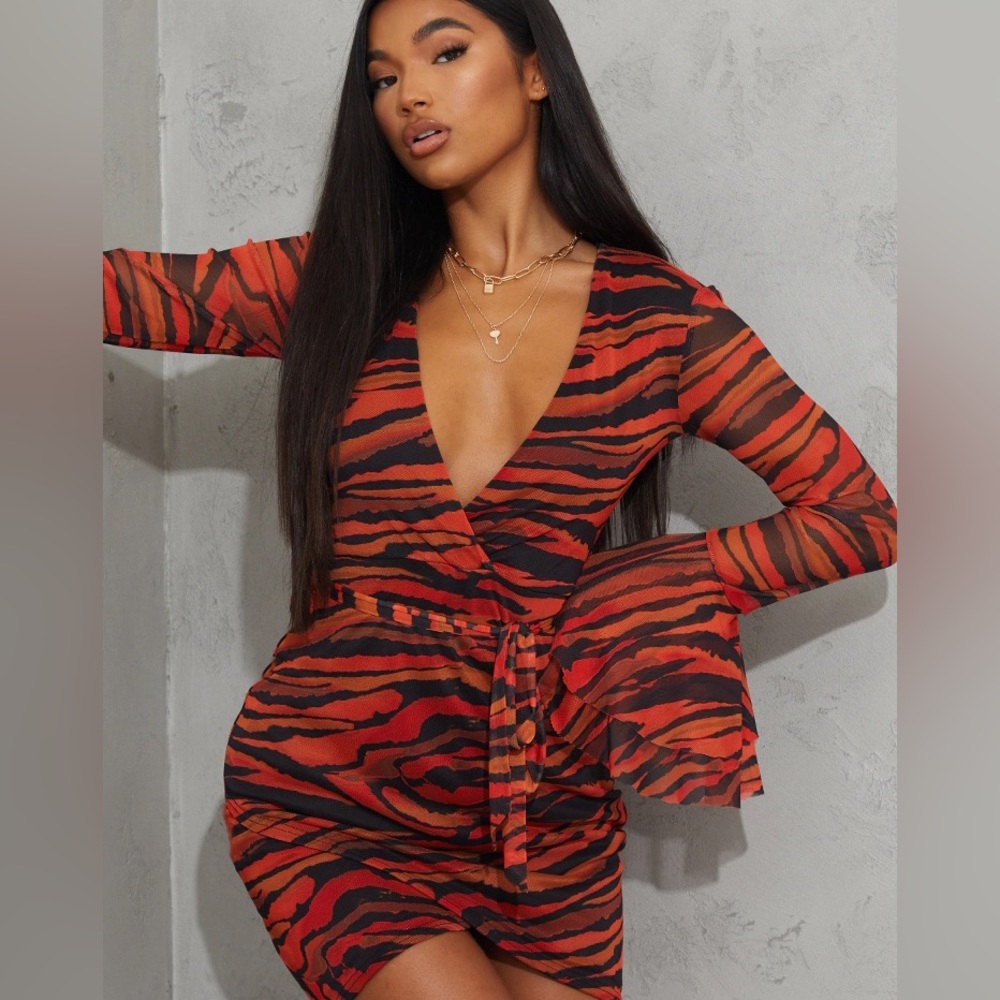 Orange Zebra Print Mesh Flared Sleeve Tie Waist Bodycon Dress